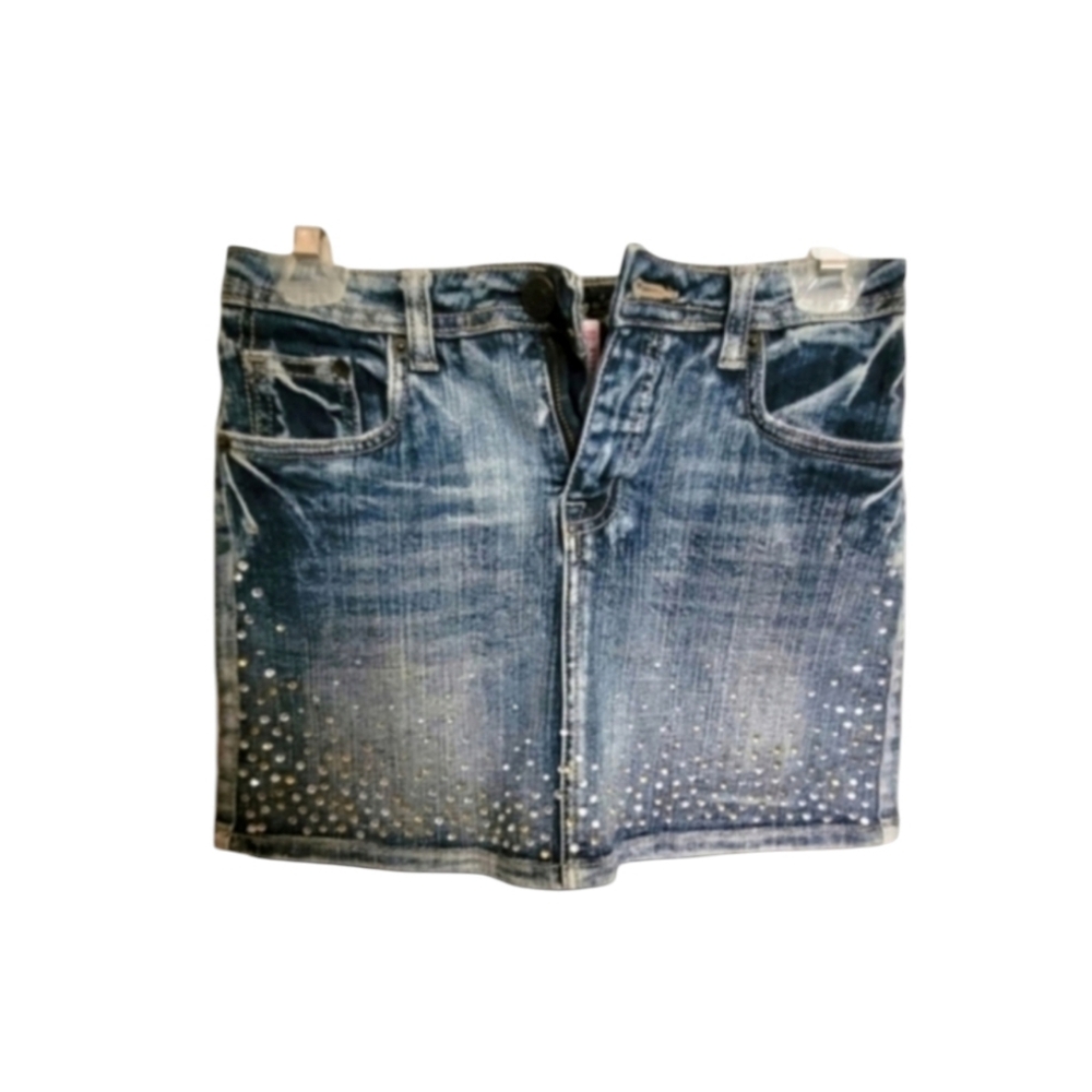 Justice Girlhood Blue Denim Silver Rhinestone and Gem Mini Skirt Size 12 Girls